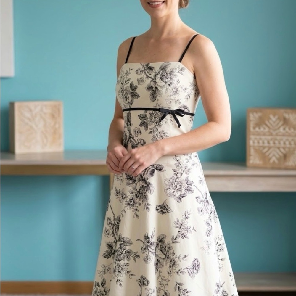Cream Floral Spaghetti-Strap Sundress with Black Trim